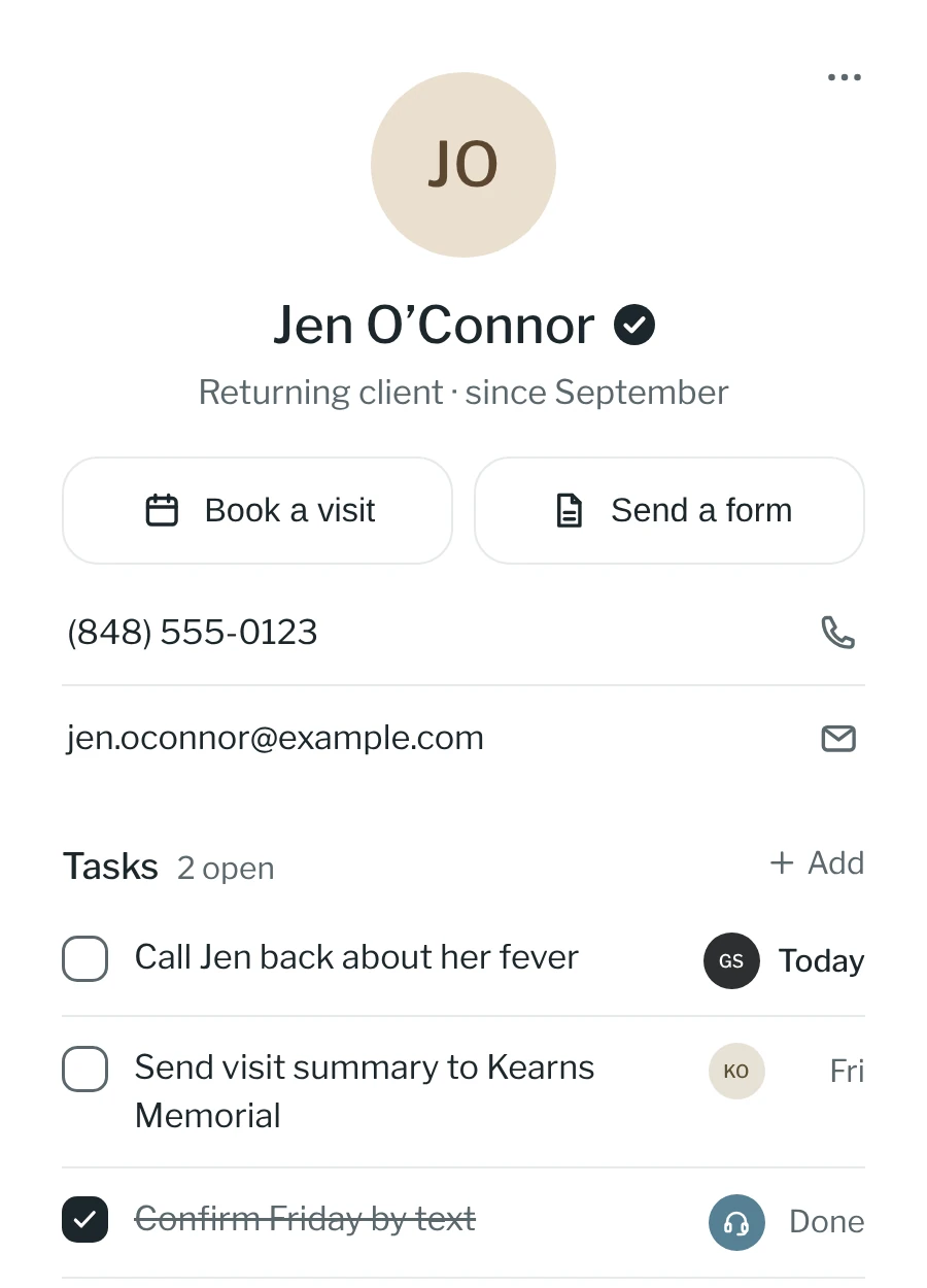 Jen O’Connor’s record, with a check beside her name because she is already a client. Under it are buttons to book a visit or send a form, her phone and email, and two open tasks, one of them to call her back about her fever, due today.