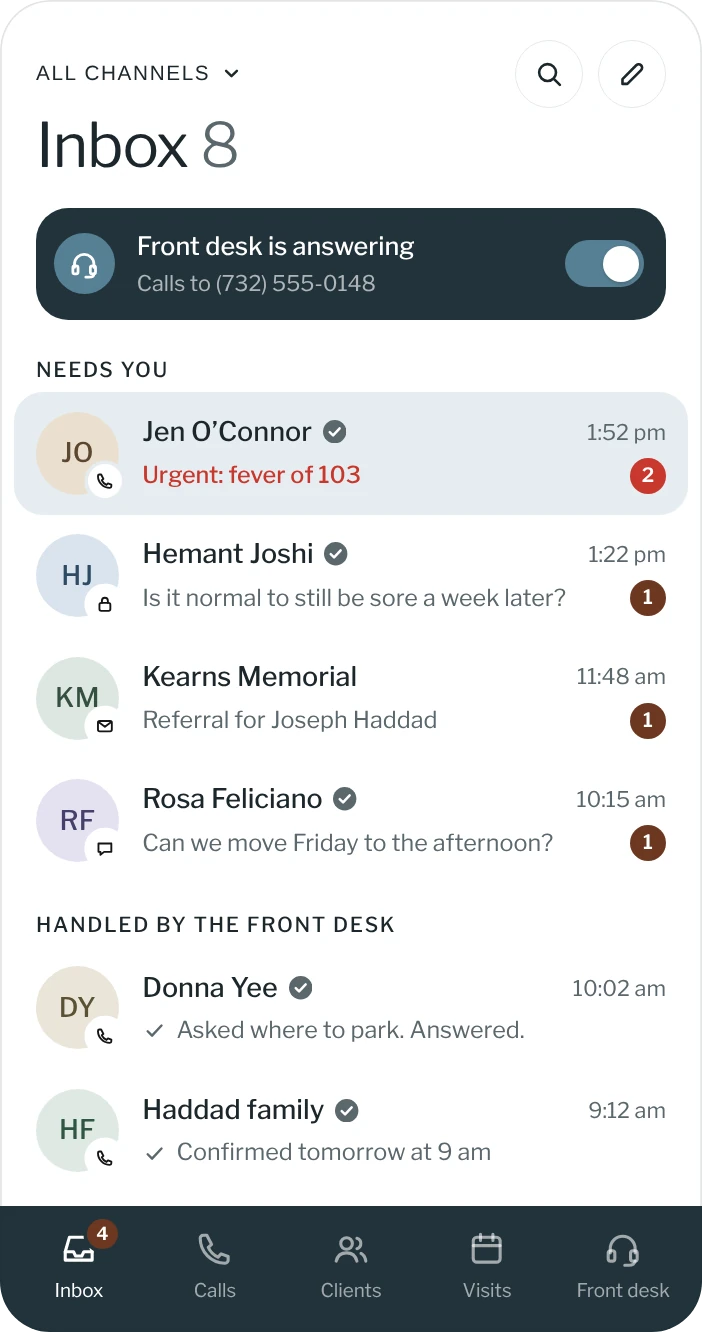 The Spathe Health inbox. Jen O’Connor’s call is at the top, marked urgent: fever of 103. Below it are the messages waiting for the practice, then the calls the front desk handled on its own, such as a question about parking it answered and a visit it confirmed.